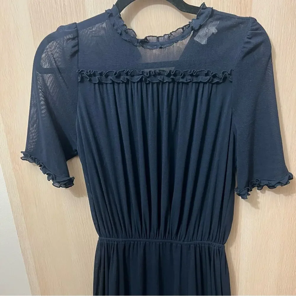 THE GREAT. Sheer Navy Ruffle Maxi Dress S - Picture 2 of 5
